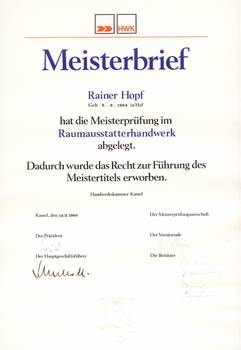 Meisterbrief von Rainer Hopf