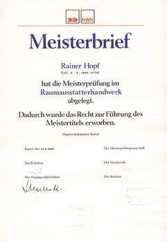 Meisterbrief von Rainer Hopf Meisterbrief von Rainer Hopf